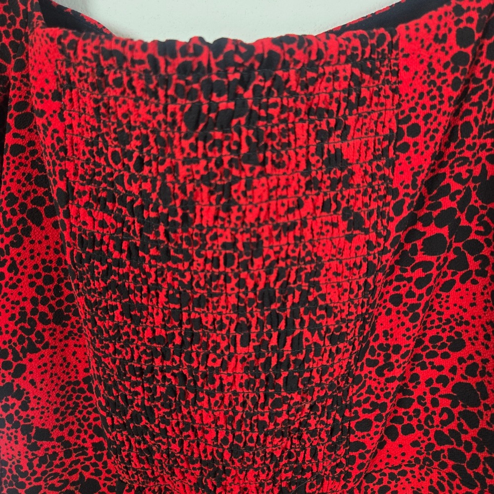 Nordstrom Leith Red Chili Black Dot Dress Smocked Dress Animal Print S Slit NEW - Picture 4 of 11